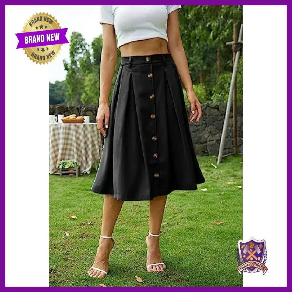 Pleated A-line Midi Skirt Elastic Waist Button Front Pocket
